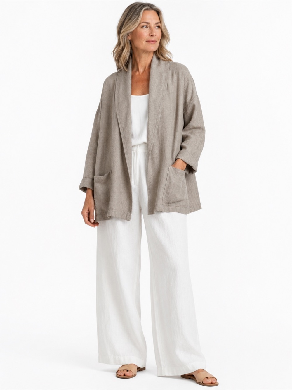 EILEEN FISHER Organic Linen Open Front Jacket Tan Oversized Minimalist Pockets L